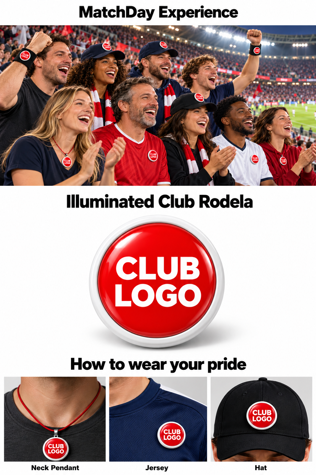 Matchday experience: an illuminated club Rodela worn as a neck pendant, pinned on a jersey, or mounted on a hat